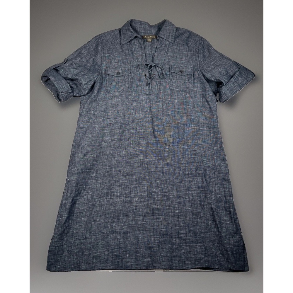 Tommy Bahama Dress Womens Large Blue 100% Linen Lace Up Roll Tab Tunic Coverup